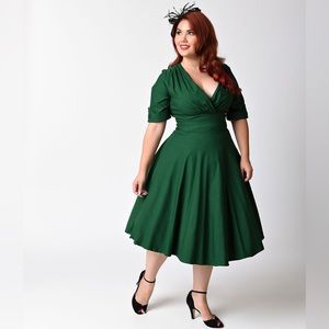 Unique Vintage Emerald Green Delores Swing Dress with Sleeves